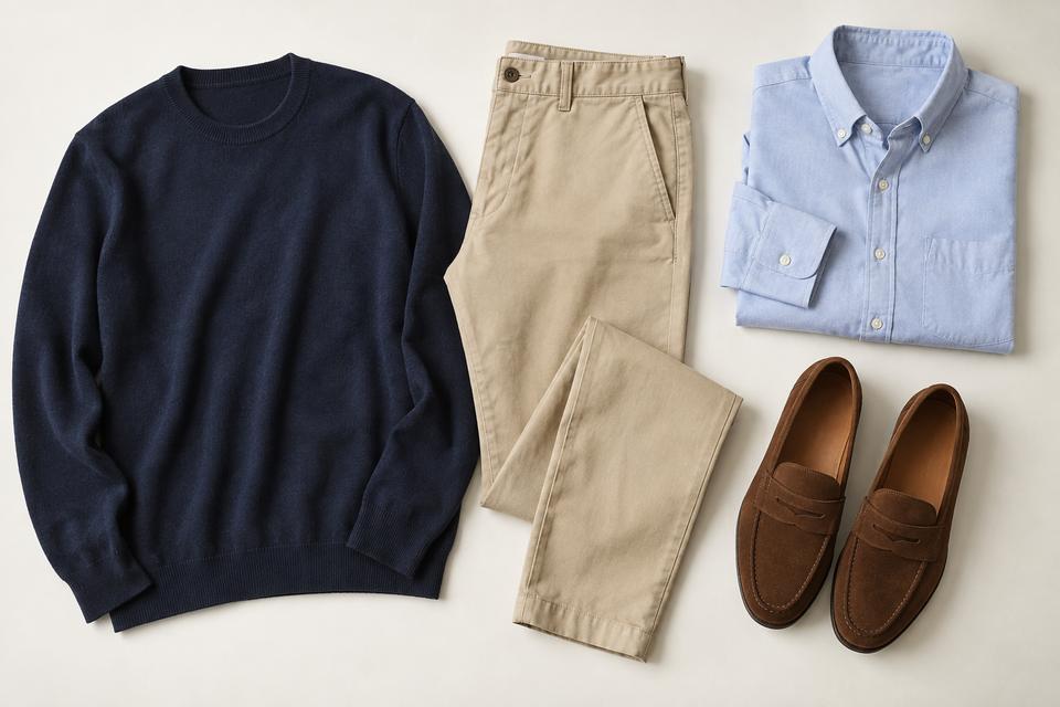 Beige chinos, marineblå strik, lyseblå skjorte og brune loafers lagt ved siden af hinanden.