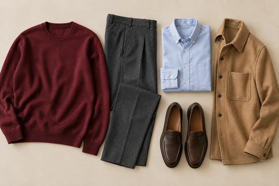 Bordeaux strik, koksgrå bukser, lyseblå skjorte, camelfarvet overshirt og mørkebrune loafers lagt frem.