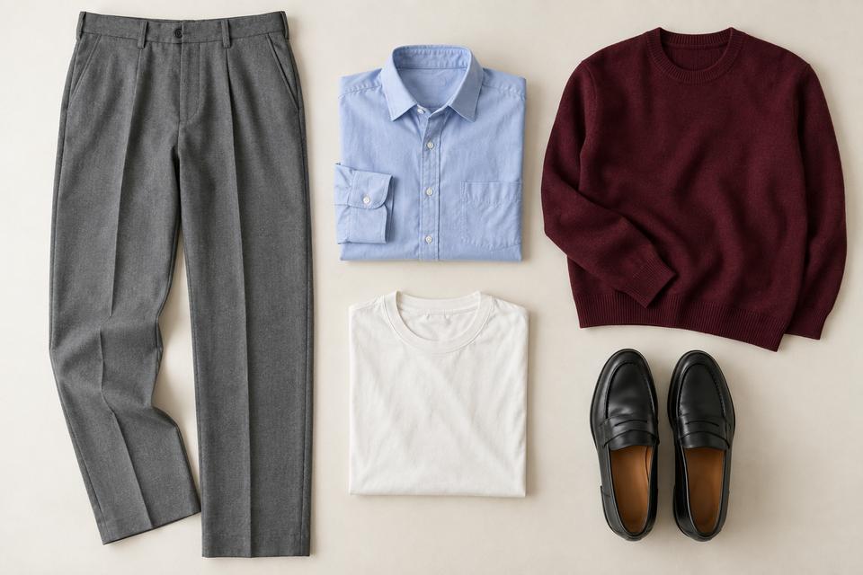 Grå bukser, lyseblå skjorte, bordeaux strik, råhvid T-shirt og sorte loafers lagt frem.