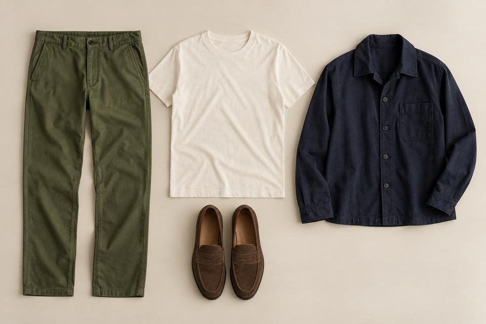 Olivengrønne bukser, råhvid T-shirt, marineblå overshirt og brune loafers lagt frem.