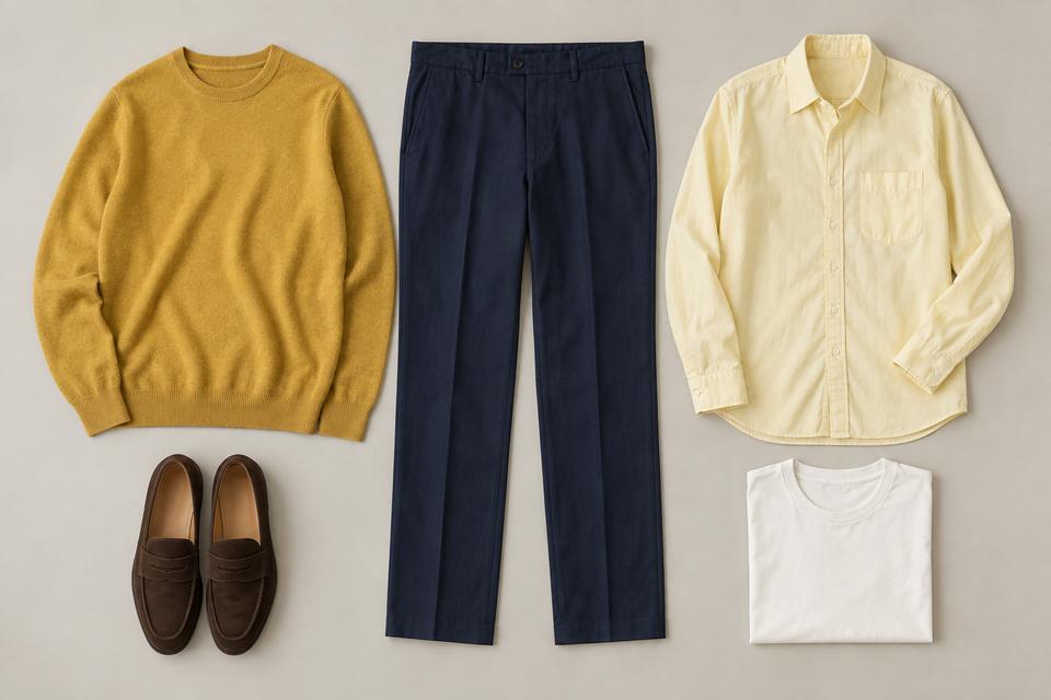 Sennepsgul strik, lysegul skjorte, råhvid T-shirt, marineblå bukser og mørkebrune ruskindsloafers lagt frem på en lys baggrund.