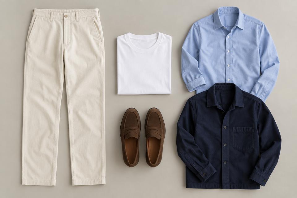 Råhvide bukser, hvid T-shirt, lyseblå skjorte, marineblå overshirt og brune loafers lagt frem.