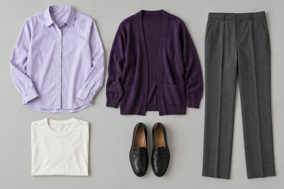 Lavendelfarvet skjorte, mørk auberginelilla cardigan, grå bukser, råhvid T-shirt og sorte loafers lagt frem på en lys grå flade.