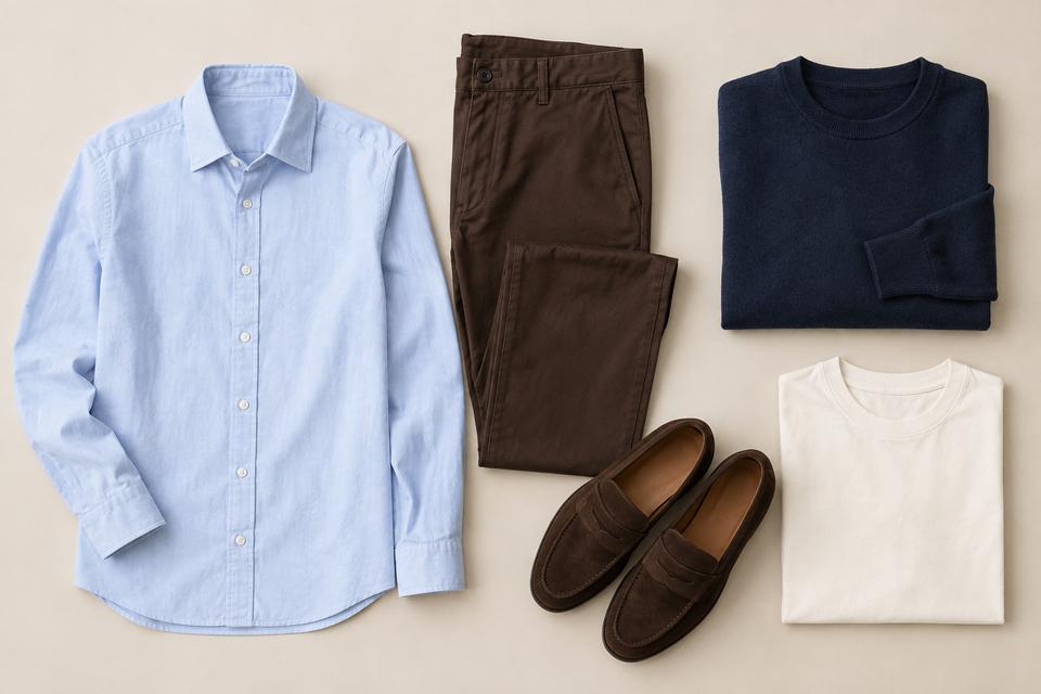 Lyseblå skjorte, chokoladebrune bukser, marineblå strik, råhvid T-shirt og mørkebrune loafers lagt frem.
