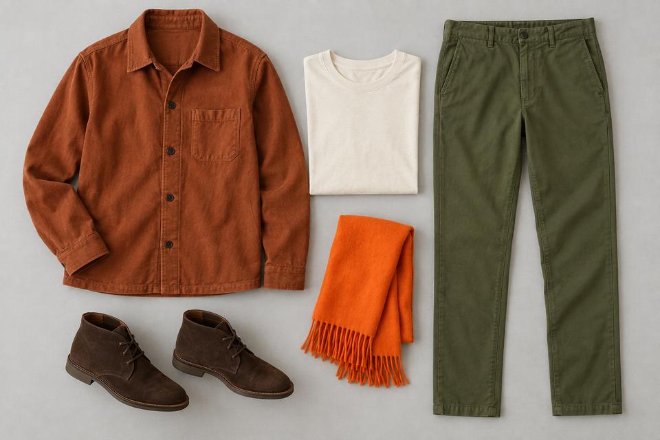 Rustfarvet overshirt, råhvid T-shirt, olivengrønne chinos, mørkebrune ruskindsstøvler og et klart orange tørklæde lagt frem.