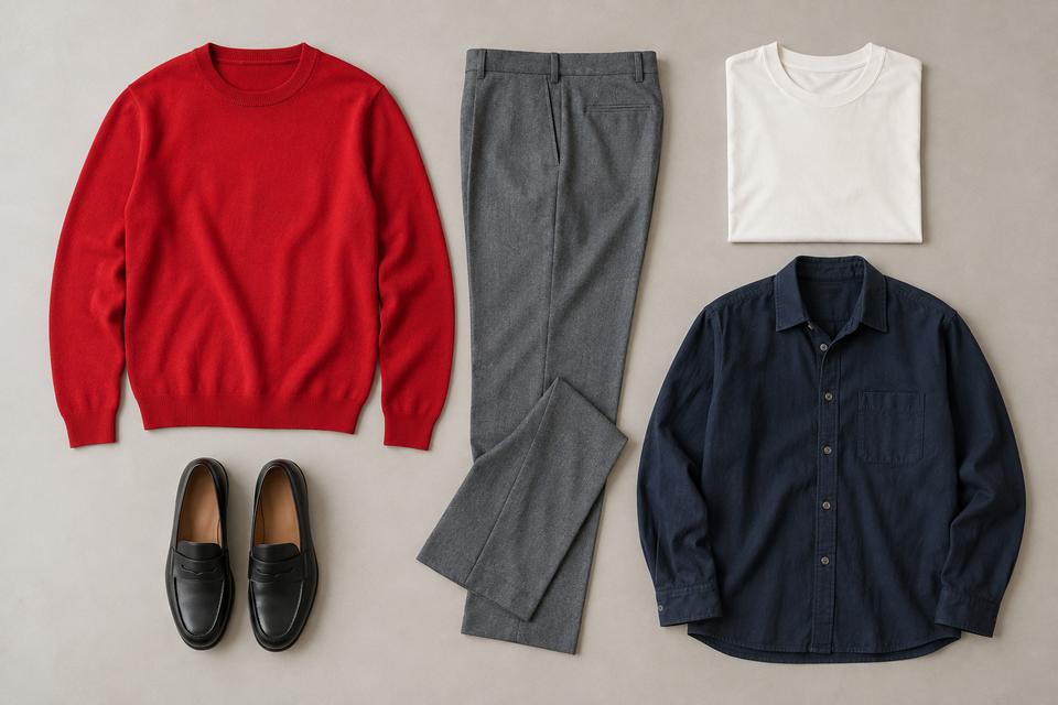 Klar rød strik, grå bukser, råhvid T-shirt, marineblå overshirt og sorte loafers lagt frem.