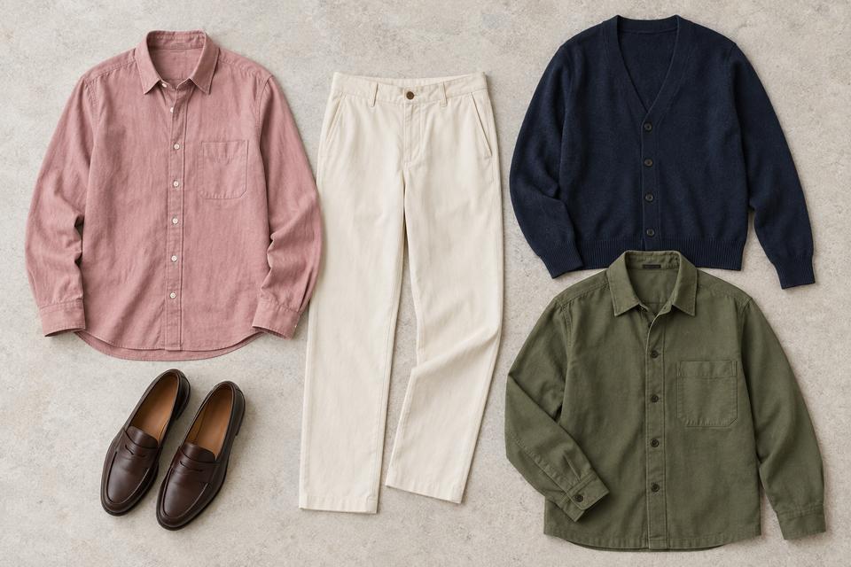 Rosa skjorte, råhvide bukser, marineblå cardigan, olivengrøn overshirt og mørkebrune loafers lagt frem.