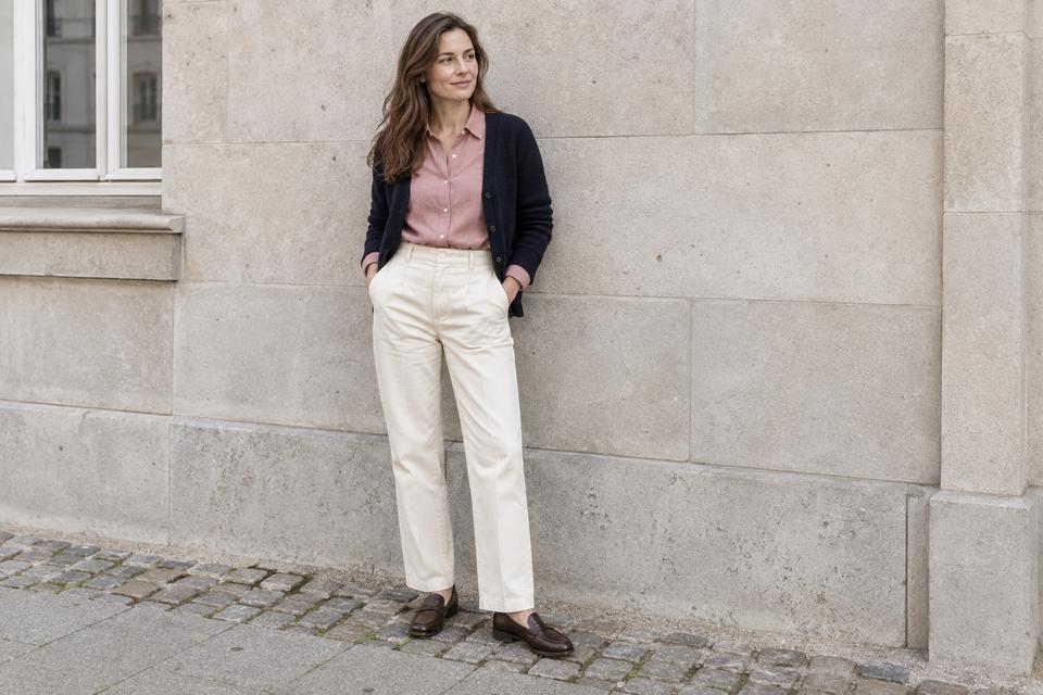 En kvinde i rosa skjorte, råhvide bukser, åben marineblå cardigan og mørkebrune loafers.