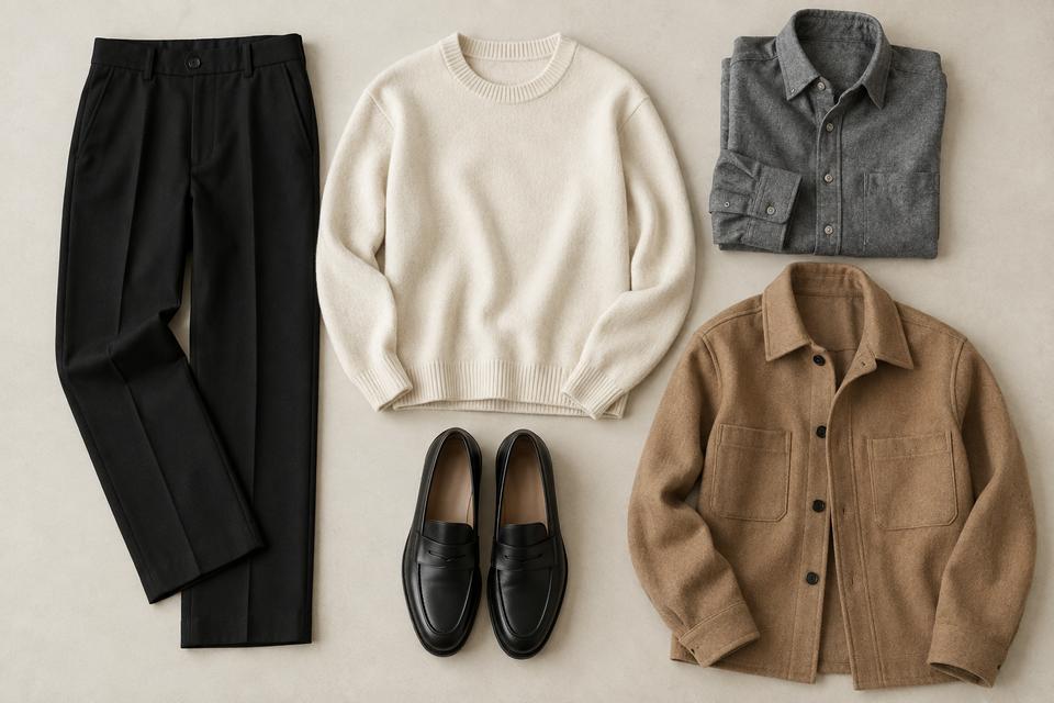 Sorte bukser og loafers lagt frem med råhvid strik, grå skjorte og camelfarvet overshirt.