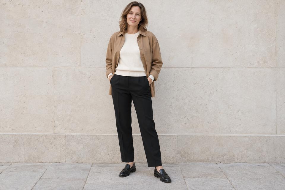 En kvinde i sorte bukser og loafers, råhvid strik og en åben camelfarvet overshirt.